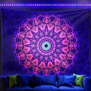 Blacklight Mandala Boho Tapestry Glow In The Dark, Black Light Bohemian Hippie